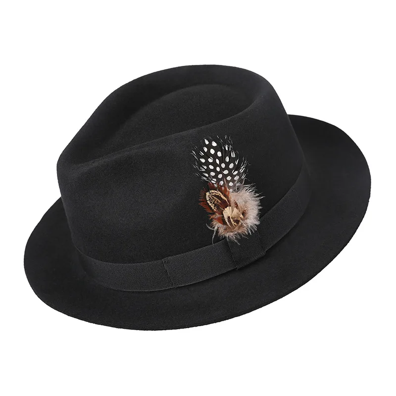 2021 Autumn New Women's British Retro Neutral Wool Felt Hat Fashion Elegant Jazz Hat Top Hat Feather Hat Wholesale Black