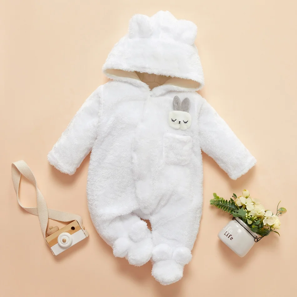 PatPat Winter Baby Clothes Baby Girls Baby Boys Unisex Solid Fleece Rabbit Hooded Footed / Footie Long-sleeve Baby Jumpsuit