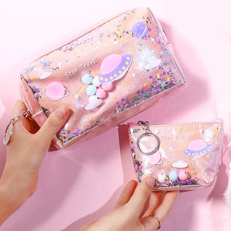 Cute Laser Planet Make Up Bags Women Travel Cosmetic Bag Makeup Case Zipper Handbag Organizer Storage Pouch Toiletry Wash Bag