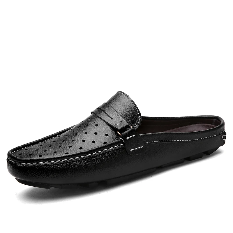 2025 Half Shoes For Men Loafers Leather Semi-Drag Loafer Slippers Slides Backless Casual Shoes Mules Man Outdoor Slip On Flats