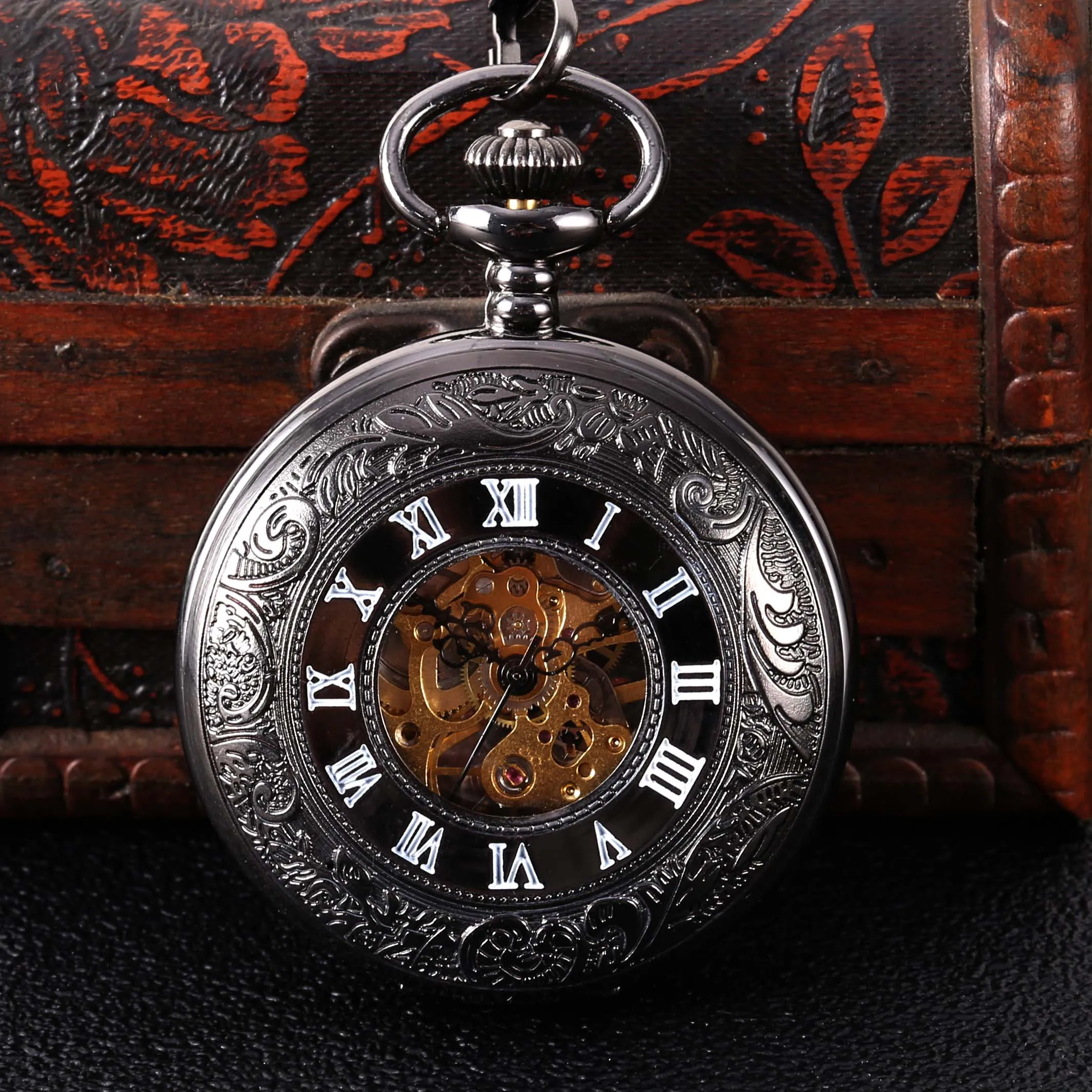 Black carved white face Roman scale mechanical large pocket watch