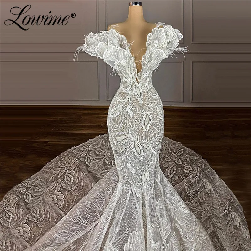 Vestido de noiva luxuoso estilo sereia, vestido de casamento com penas de renda muçulmano, para noiva, 2021