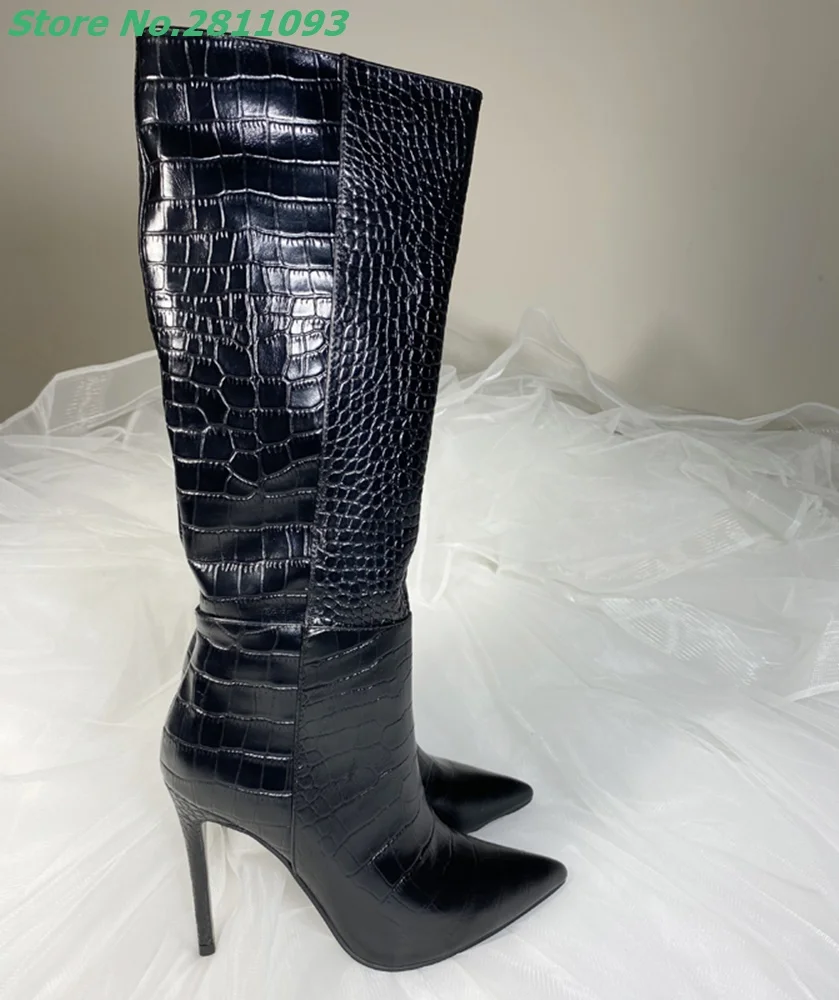 The Newest Hot Winter And Autumn Side Zipper Boots 2021 Knee High Thin Heels Women\'s Crocodile Leather Solid Black Fashion Shoes