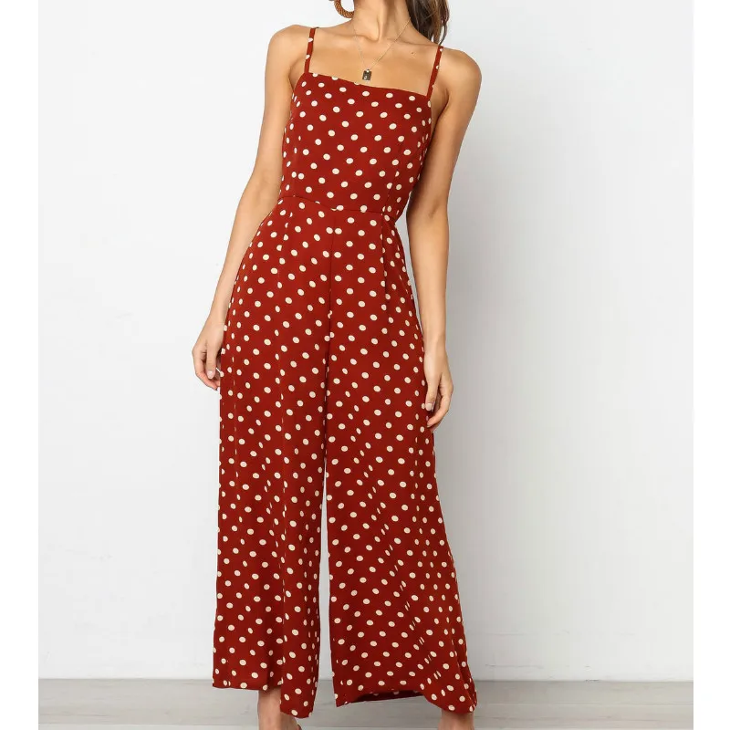 Sleeveless Backless Bohemian Bow Polka Dot Homewear Women's 2021 Summer One-piece Cropped Trousers Beach Club Elegant Overalls