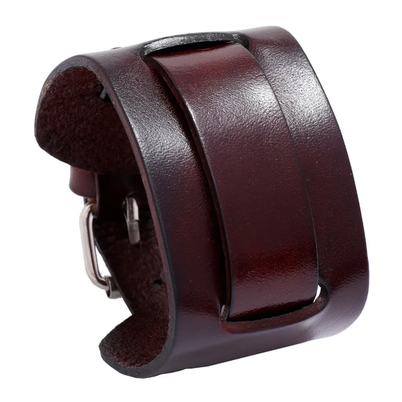 Modyle Fashion Wide Genuine Leather Bracelet Brown Black Wide Cuff Bracelets Bangles Vintage Punk Wristband Men Jewelry