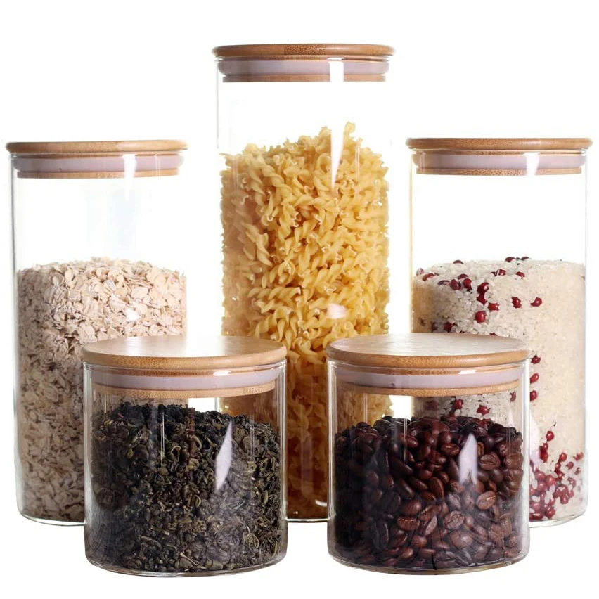 

Clear Glass Food Storage Jars Containers with Airtight Bamboo Lid for Candy, Cookie, Rice, Sugar, Flour, Pasta, Nuts