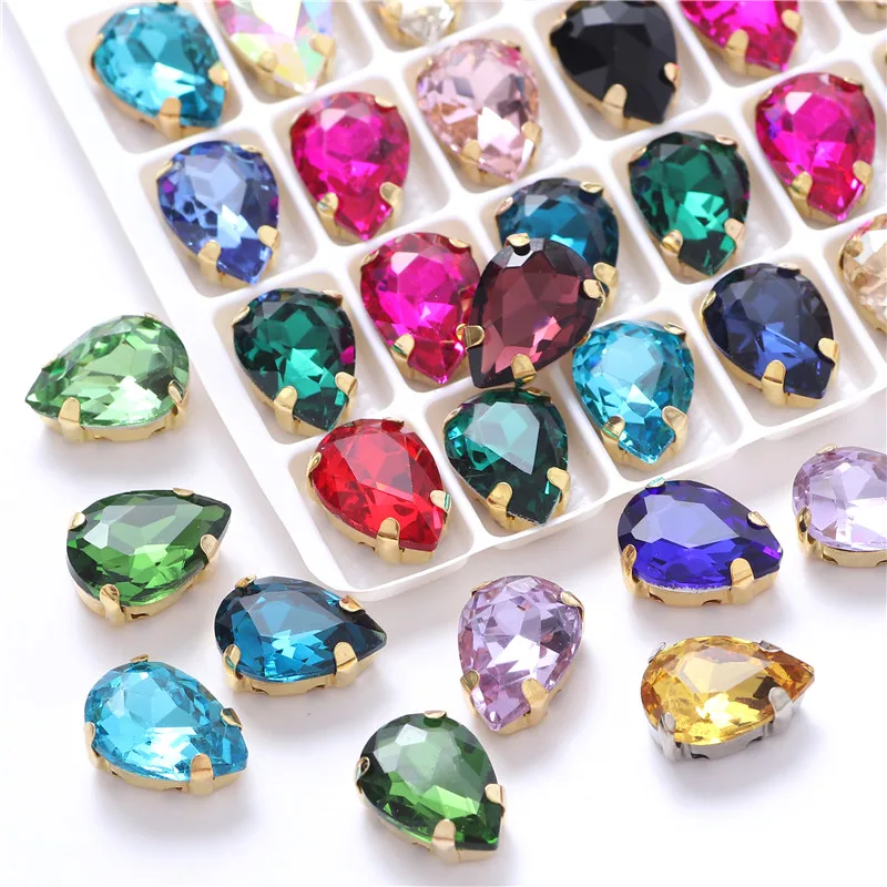 Teardrop Colorful Glass Sew On Rhinestones With Gold Claw Handicrafts sew on Stones For Garment clothing accessories