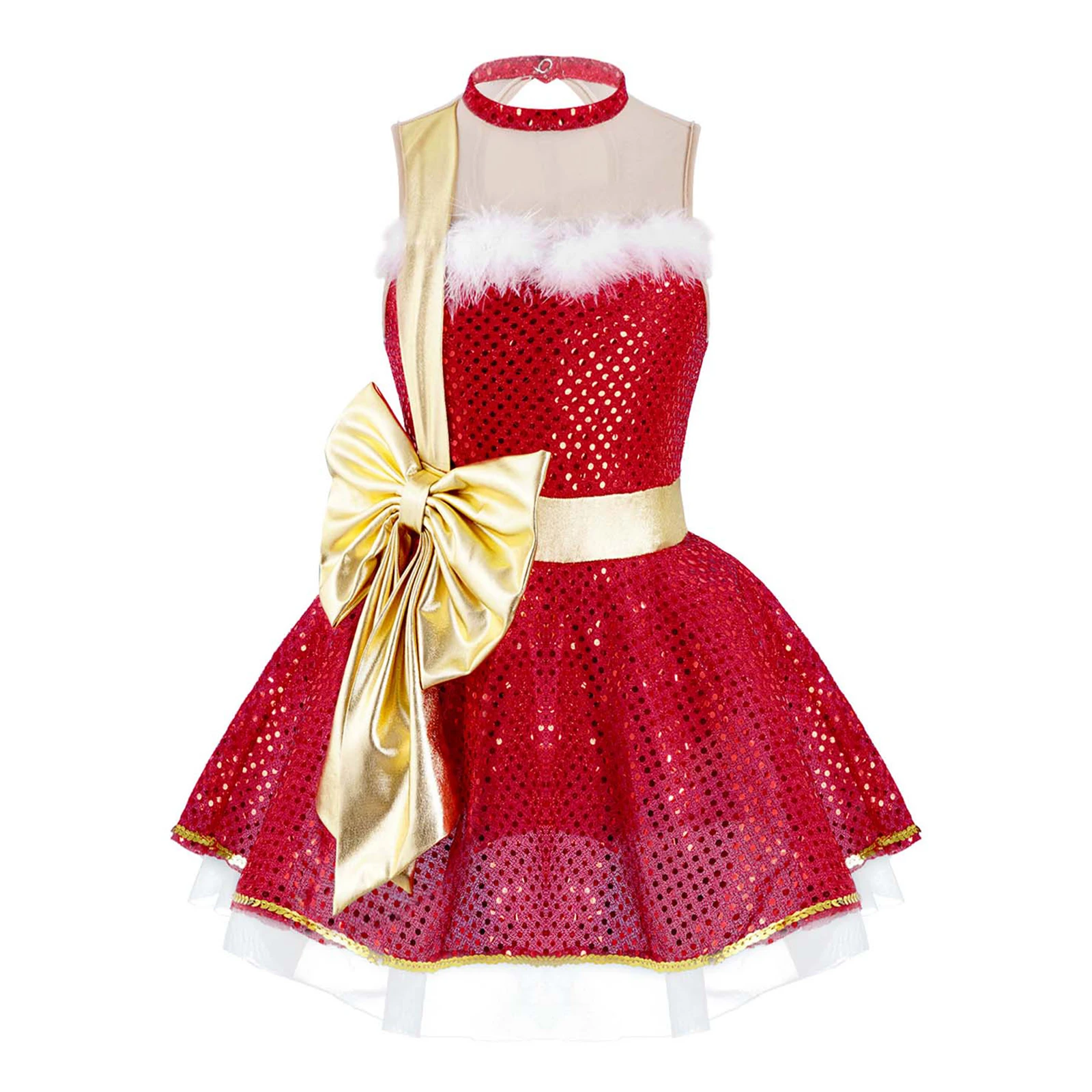 Kids Girls Shiny Sequins Ballet Tutu Mesh Dress with Bowknot Figure Ice Skating Dress Princess Christmas Festival Dance Costume