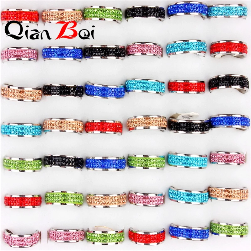 QianBei Wholesale 20pcs Full Size Two row Clear Crystal Stainless steel Wedding Rings Fashion Jewelry Made with Genuine Crystal