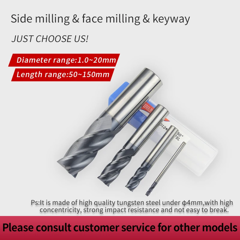 Tungsten Steel End Mill 1mm-12mm  4 Flute HRC50 Straight Shank Milling Cutter Alloy Coating Carbide Lathe tools CNC Machines