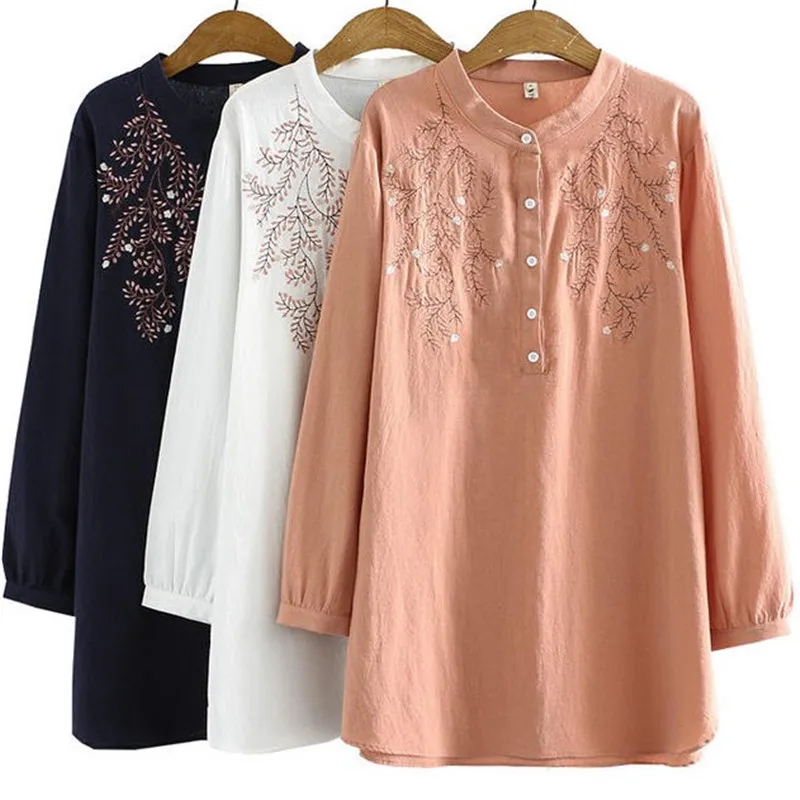 Embroidery T-Shirt Medium Long Long Sleeves Round Collar 2021 Autumn Loose National Wind Cotton Shirt Large Size Women\'s Dress