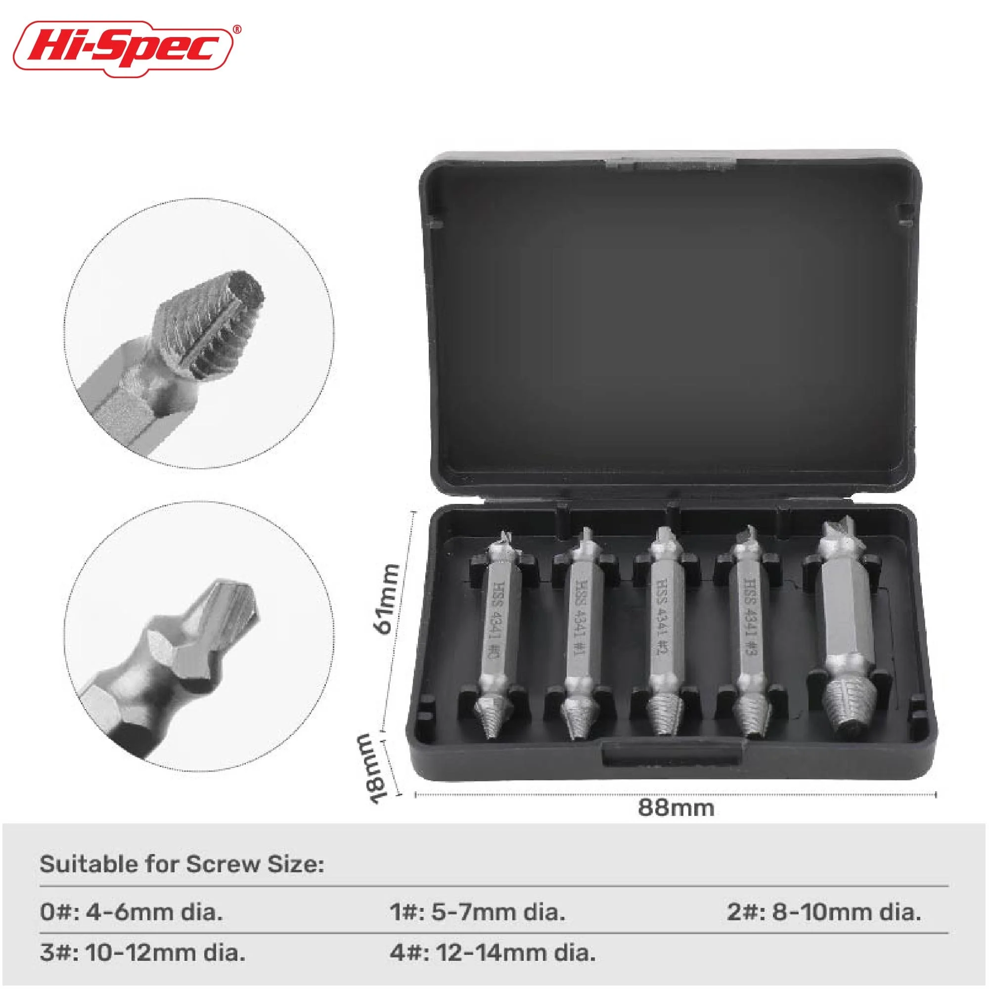 Hi-Spec 5 Pieces of Damaged Screw Extractor, Hexagonal Handle Screw Stripper, 5-18 Mm Broken Screw Removal Power Tool