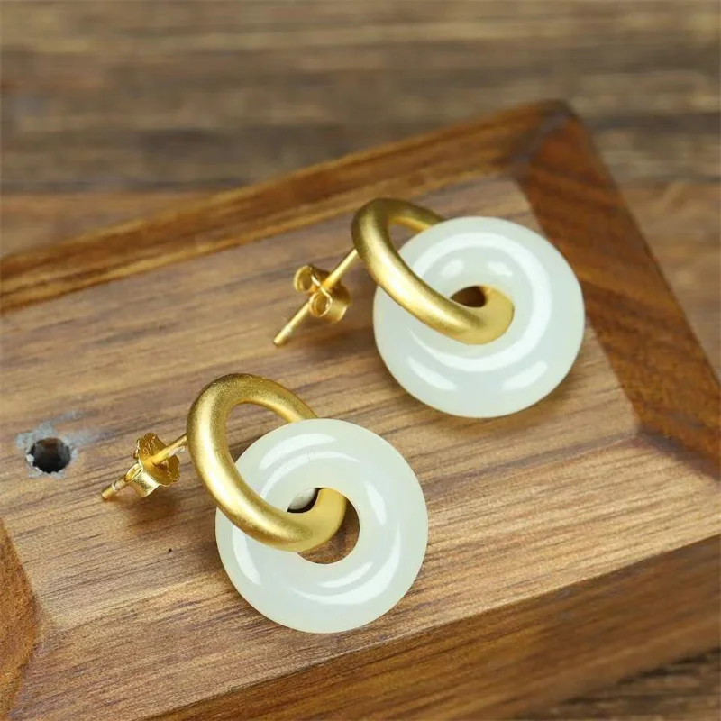 Hot Selling Natural Hand-carved 925 Silver Gufajin Inlaid  White Jade  Circle Earrings Studs Fashion Jewelry Women Luck Gifts