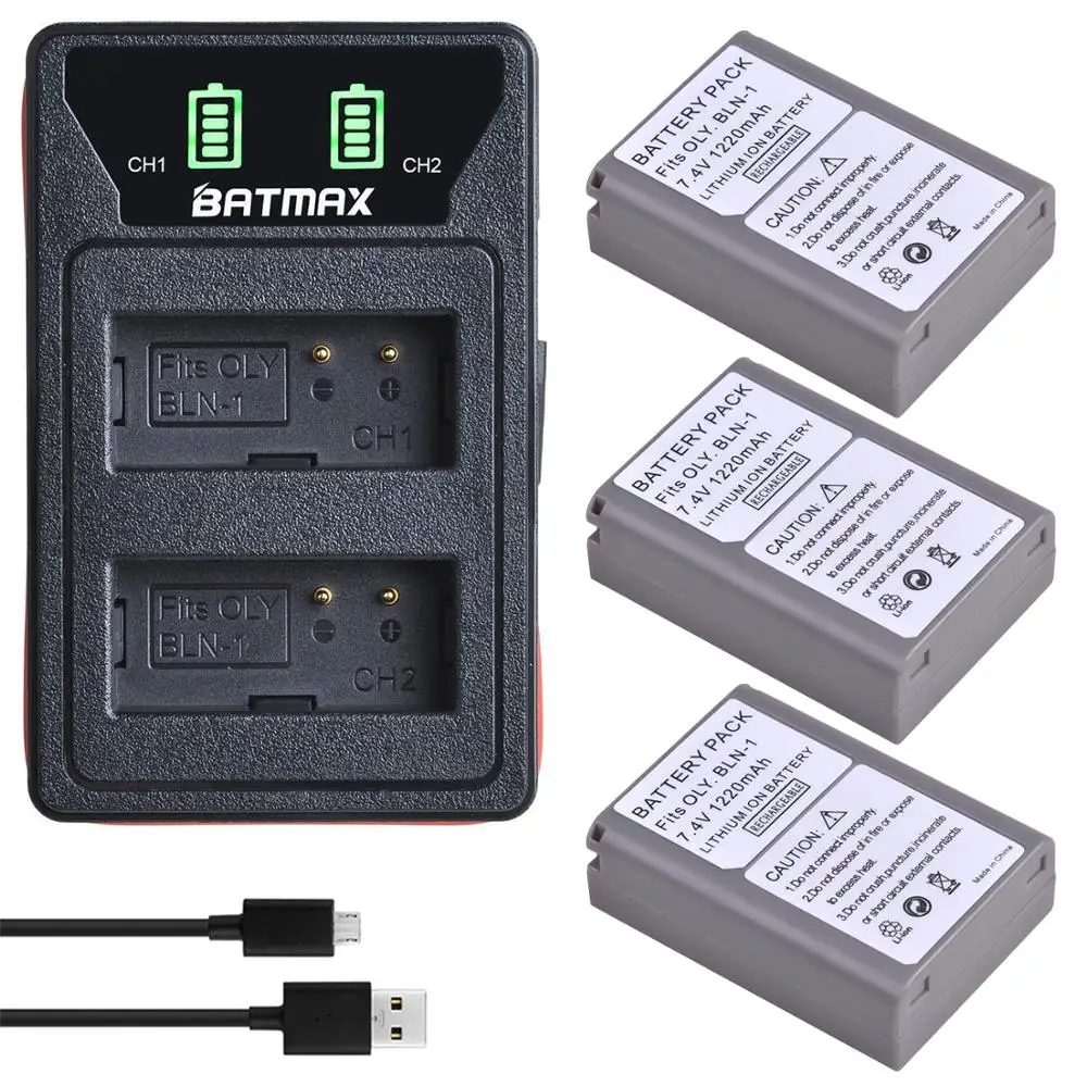 Batmax PS-BLN1 BLN-1 Battery+LED Dual USB Charger with Type C Por for Olympus OM-D E-M1 E-M5 Mark II PEN-F E-P5 EM1 EM5 PENF EP5