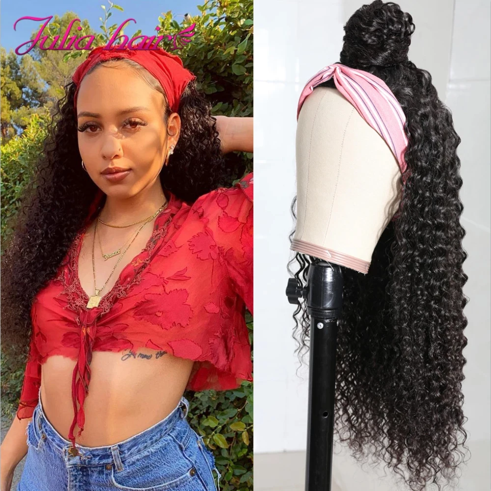 India Raw Hair Curly Headband Wig Breathable Bouncy Curl Julia Human Hair Wigs for Women Glueless Jerry Curl Headband Scarf Wig