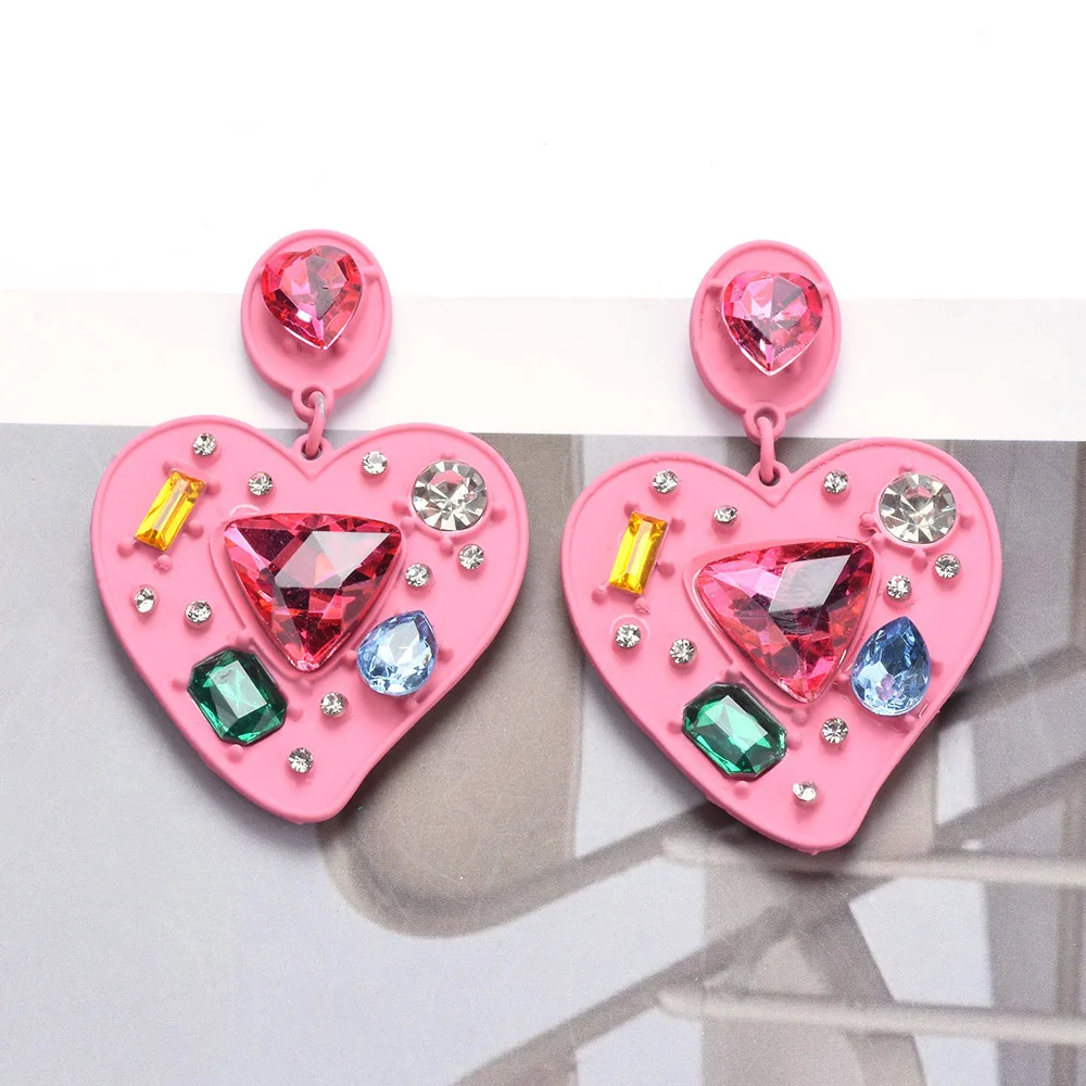 2024 New ZA Fashion Enamel Pink Heart Shape Metal Earrings Women Luxury Crystal Rhinestone Indian Statement Earrings Jewelry