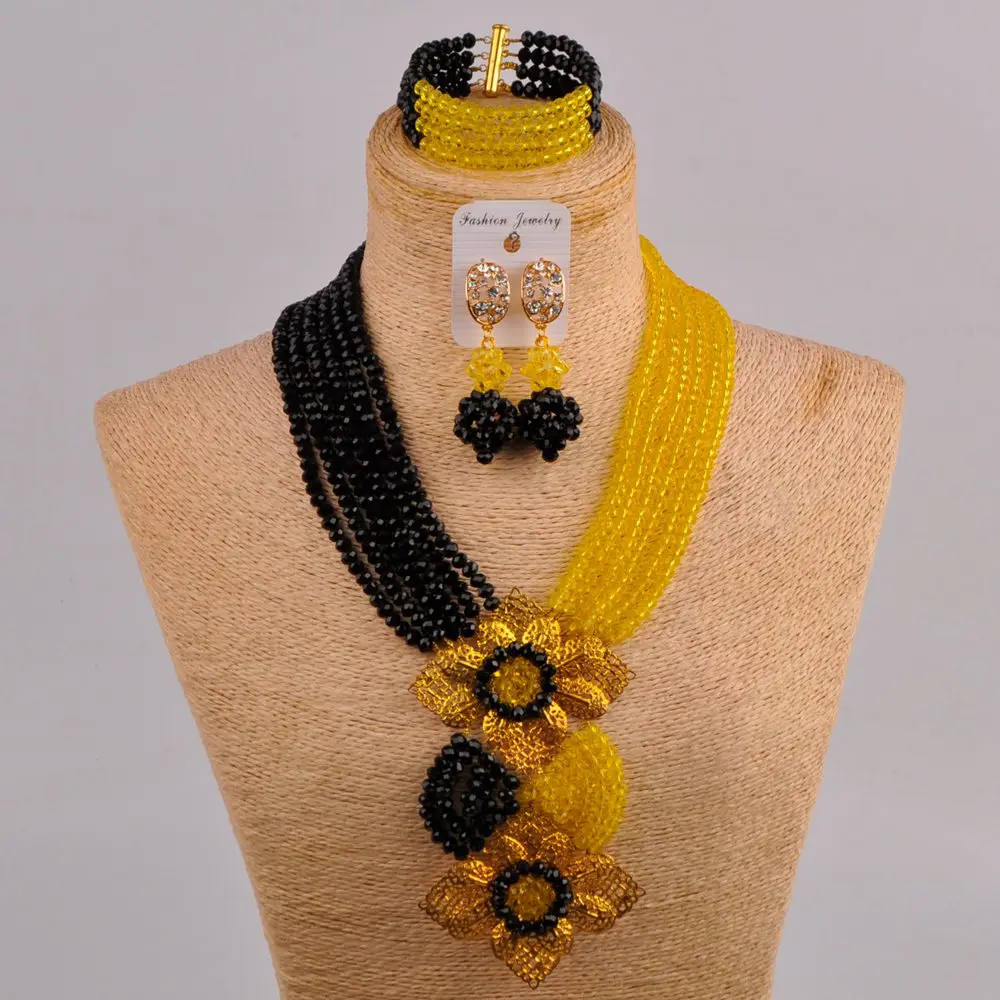 

African Wedding Wedding Jewelry Wedding Accessories Super Fairy Nigerian Bride Black and Yellow Crystal Necklace Set LS-11