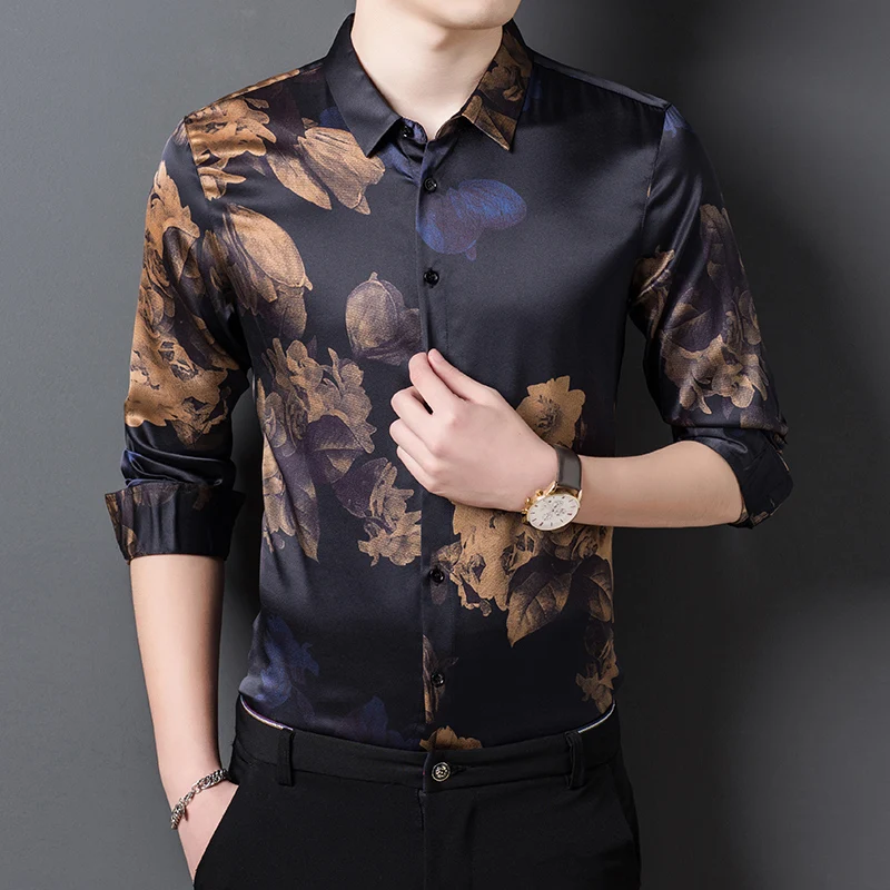 Men's High-end Silk  Print Shirt, Tight Shirt, Men's Long Sleeve Shirt, 2021 Mulberry Silk Shirt