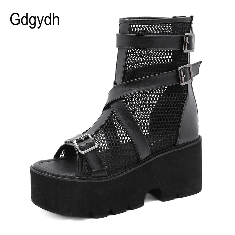 Gdgydh Open Toe Platform Heel Women Boots Summer Shoes 2022 New Black Chunky Heel Boots Women Autumn Breathable High Quality