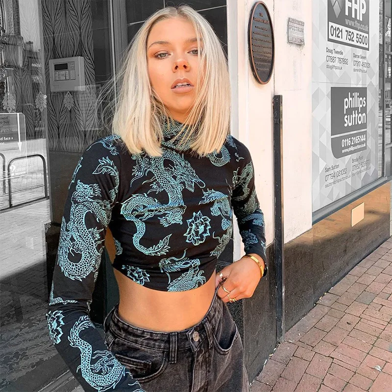 Long Sleeve Top Dragon Pattern Print Hollow Out Green Backles Sexy Women Vintage Top Cropped Slim Elastic Back Lace Up