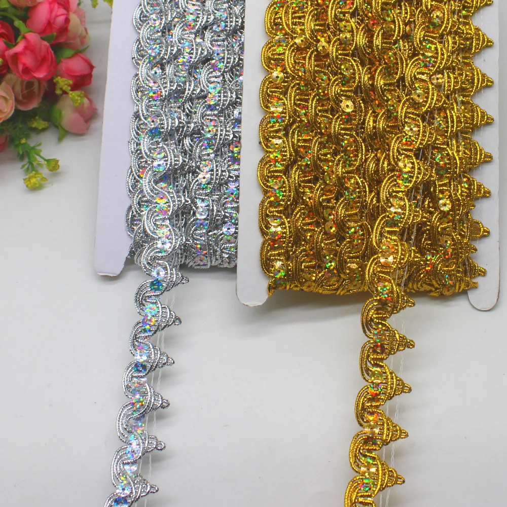 Gold Lace Appliques 9 Yds/Lot Sewing Apparel Trims Sequined Embroidery Ribbons Costumes Accessories 2.3CM