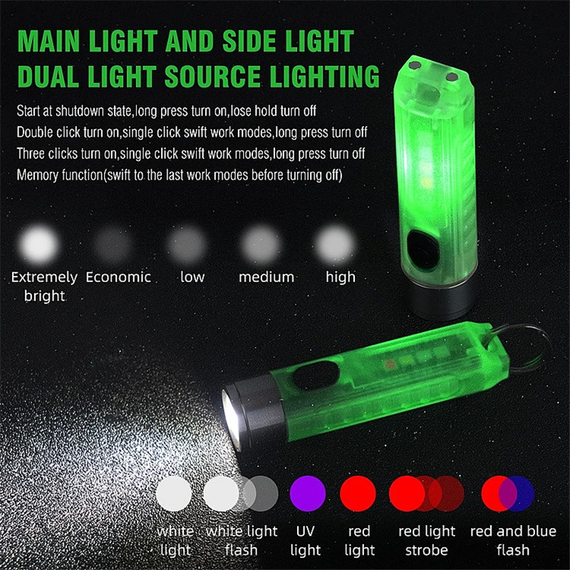 Upgraded Rechargeable Keychain Flashlight 450 Lumens EDC Fluorescent Green Lamp Red Signal Car Warning Light Outdoor Work Light