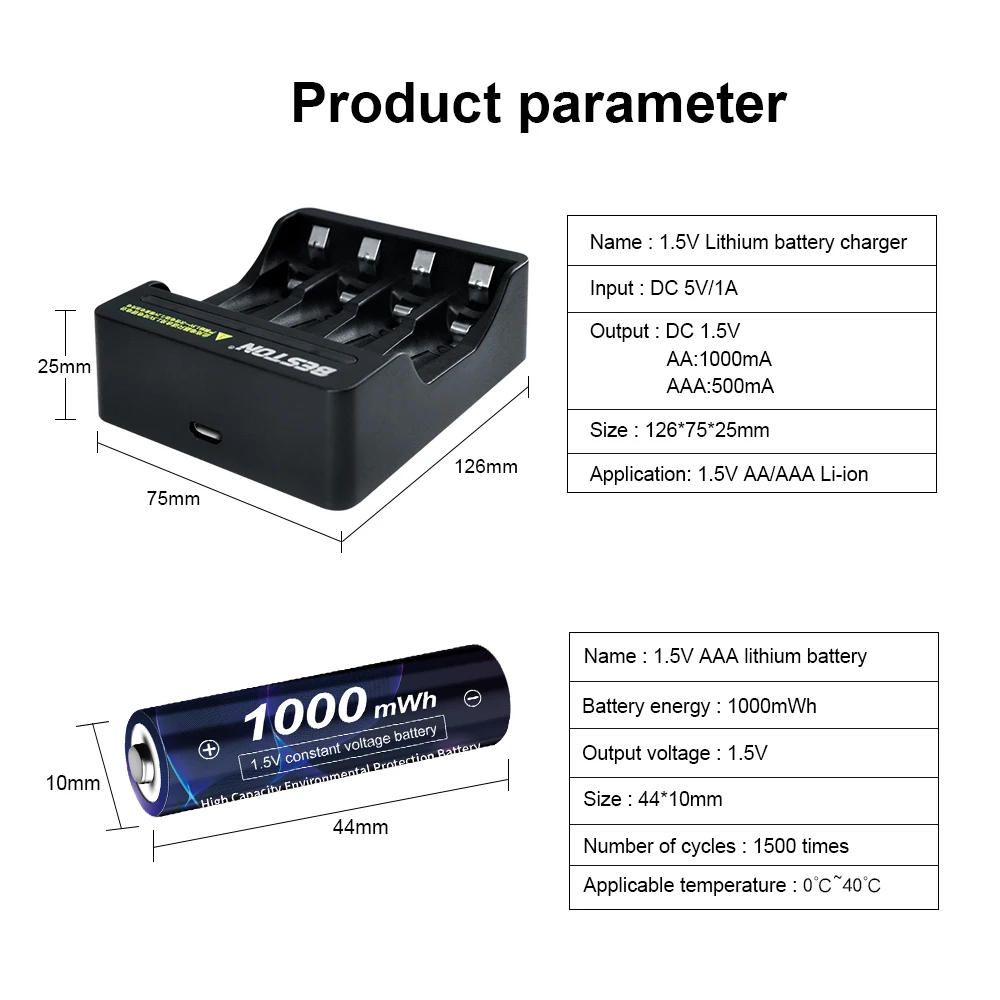 1.5v AAA Lithium Rechargeable Battery 1000mWh AAA Battery 1.5v AAA Li-ion Rechargeable Batteries AAA 1.5V Rechargeable Battery