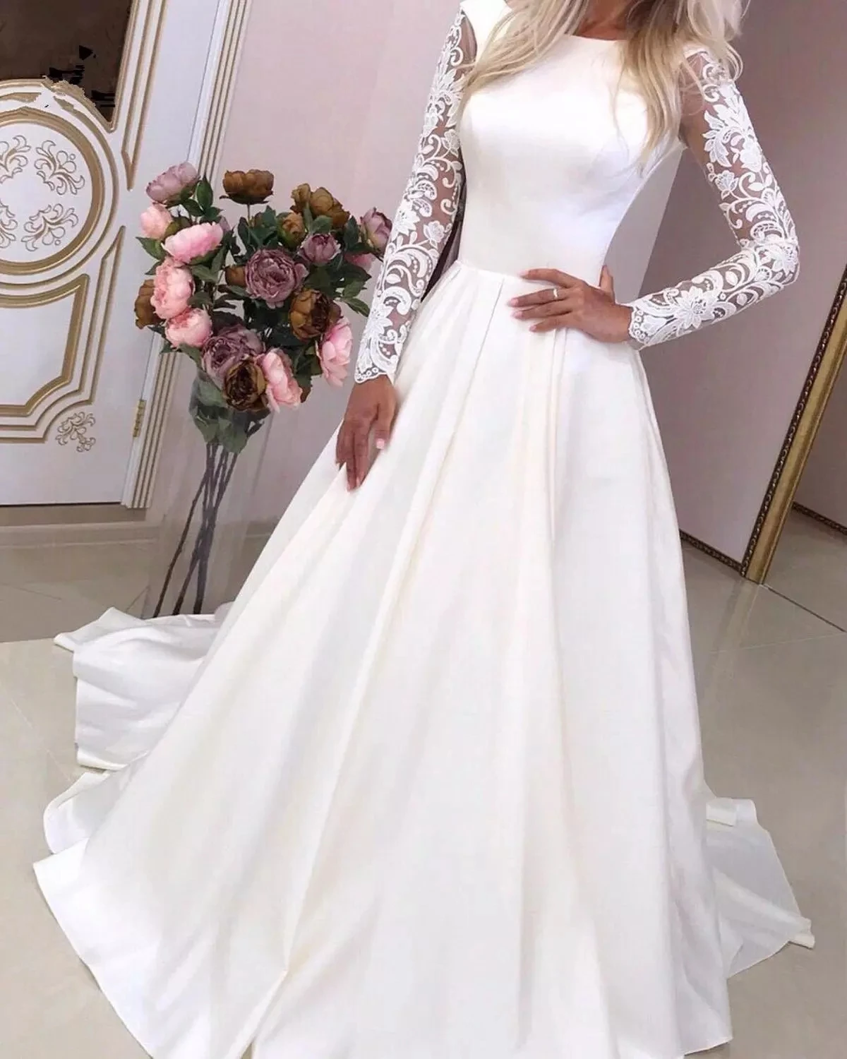 

ANGELSBRIDEP A-Line High-Neck Wedding Dresses Silmple Design Cheap Long Sleeves Robe de mariee Bridal Gowns Plus Size