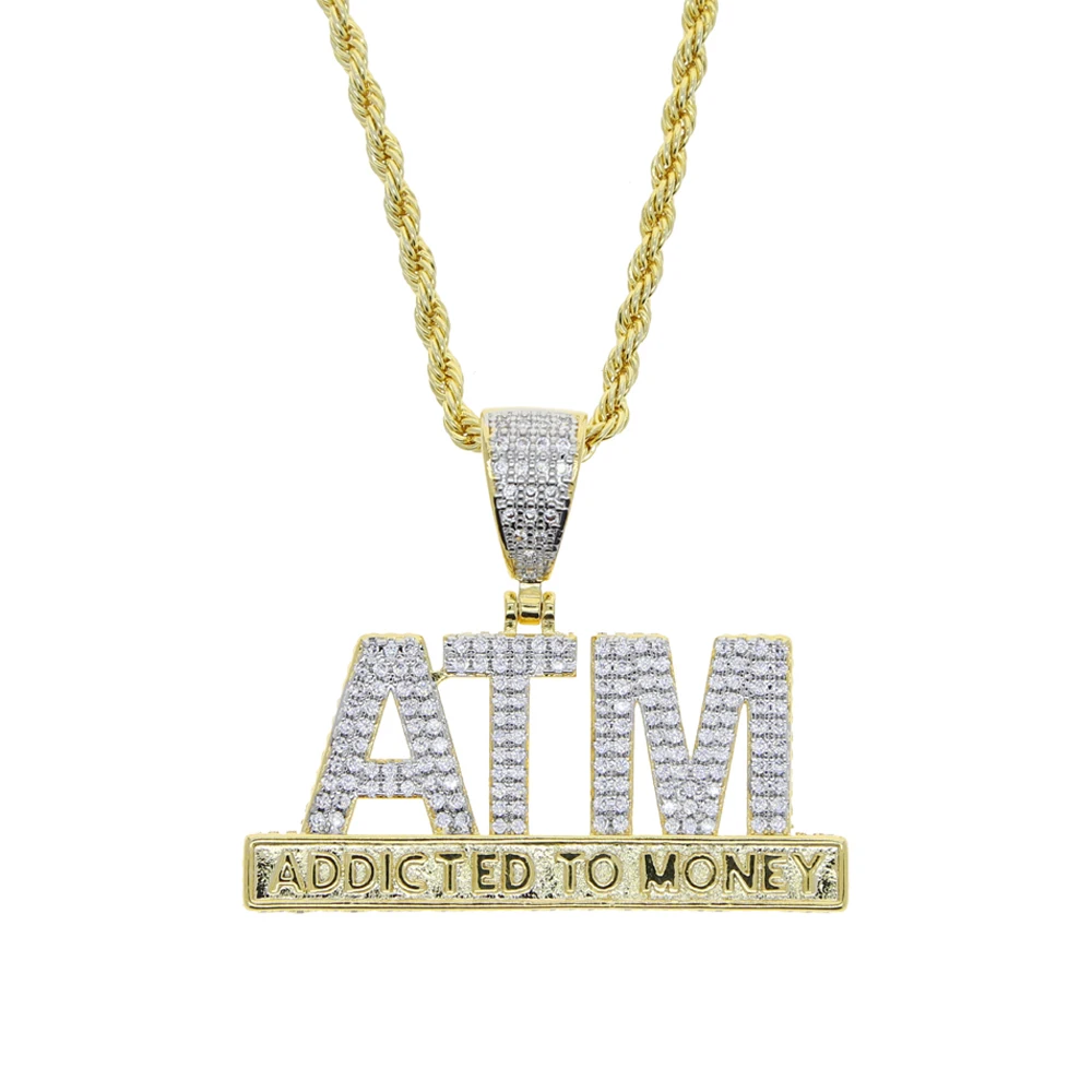 جديد مثلج خارج بلينغ رسائل ATM مدمن على المال قلادة القلائد اثنين لهجة اللون AAA الزركون سحر الرجال الهيب هوب مجوهرات #3