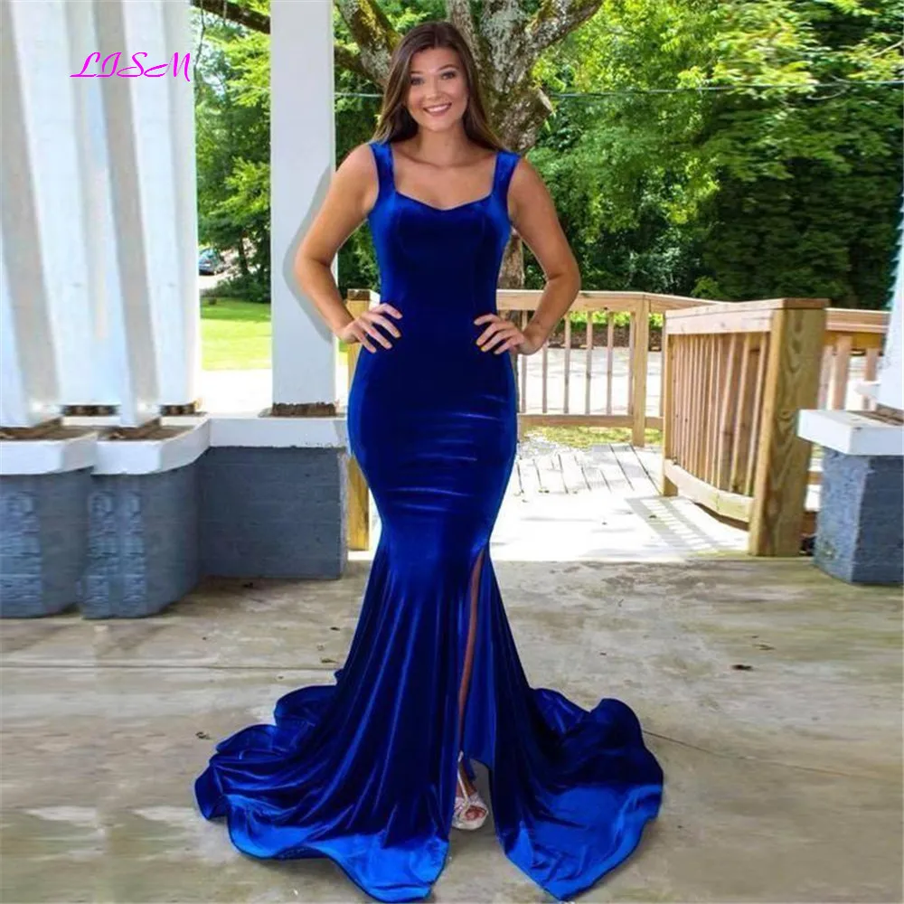 

Royal Blue Mermaid Velvet Evening Dress 2022 Slit Side Backless Prom Dresses Formal Women Party Gowns Long Train Plus