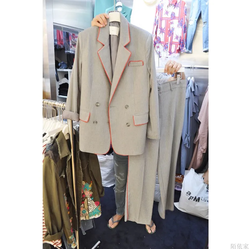 Spring and autumn new fashion was thin-edged temperament Hemming mid-length small suit straight pants women's suit Two-piece