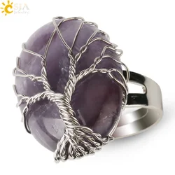 CSJA Oval Reiki Natural Stone Finger Rings Silver-color Tree of Life Wire Wrapped Resizable Women Ring Trendy Jewelry Party G278