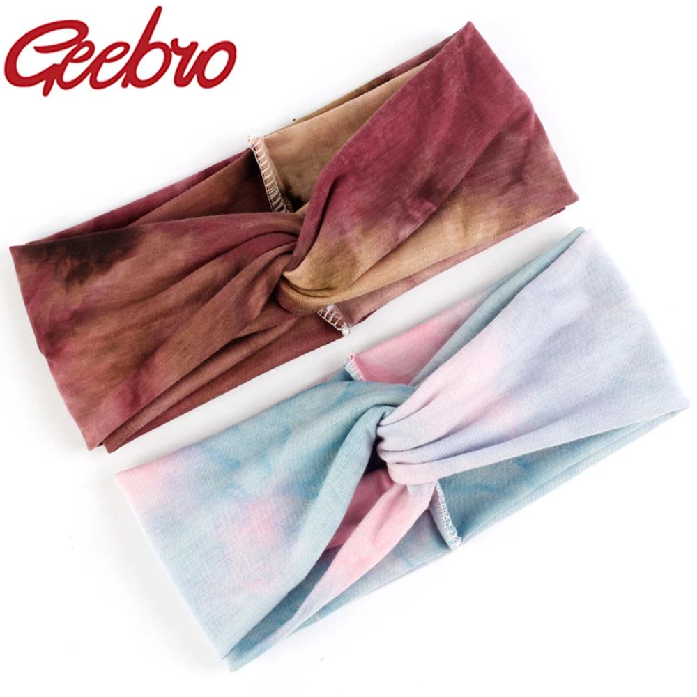 Geebro Cotton Soft Headband Women Tie Dye Cross Knotted Hair Accessories Girls Vintage Hairband Turban Sports Yoga Headwear