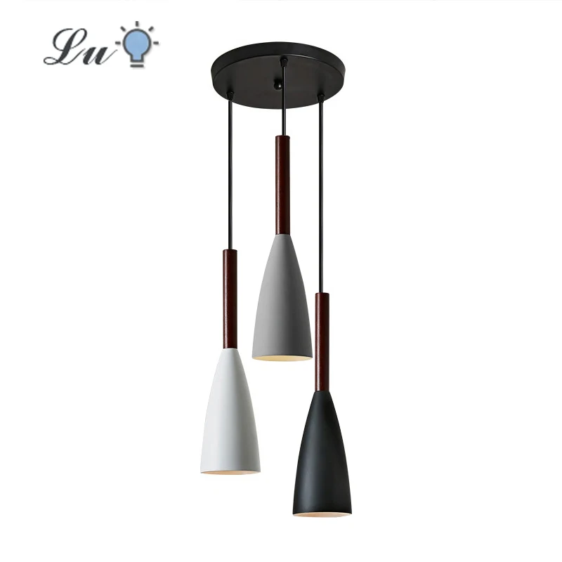 LED Pendant Lights Nordic E27 Solid Wood Iron Art Three Heads Hanging Lamp Kitchen Bedroom Study Restaurant Lighting Fixtures