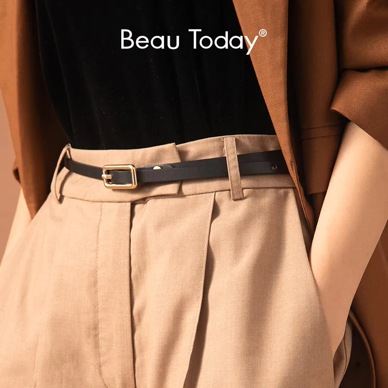 

BeauToday Belt Women Genuine Cow Leather Casual Narrow Metal Buckle Ladies Jeans Dress Summer Designer Waistband Handmade 91007