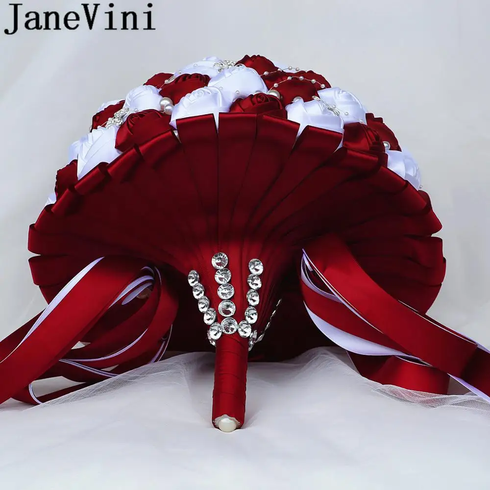 Janevini-大きなバラのウェディングブーケ,ラインストーン付きの豪華なクリスタルパール,濃い赤,30cm