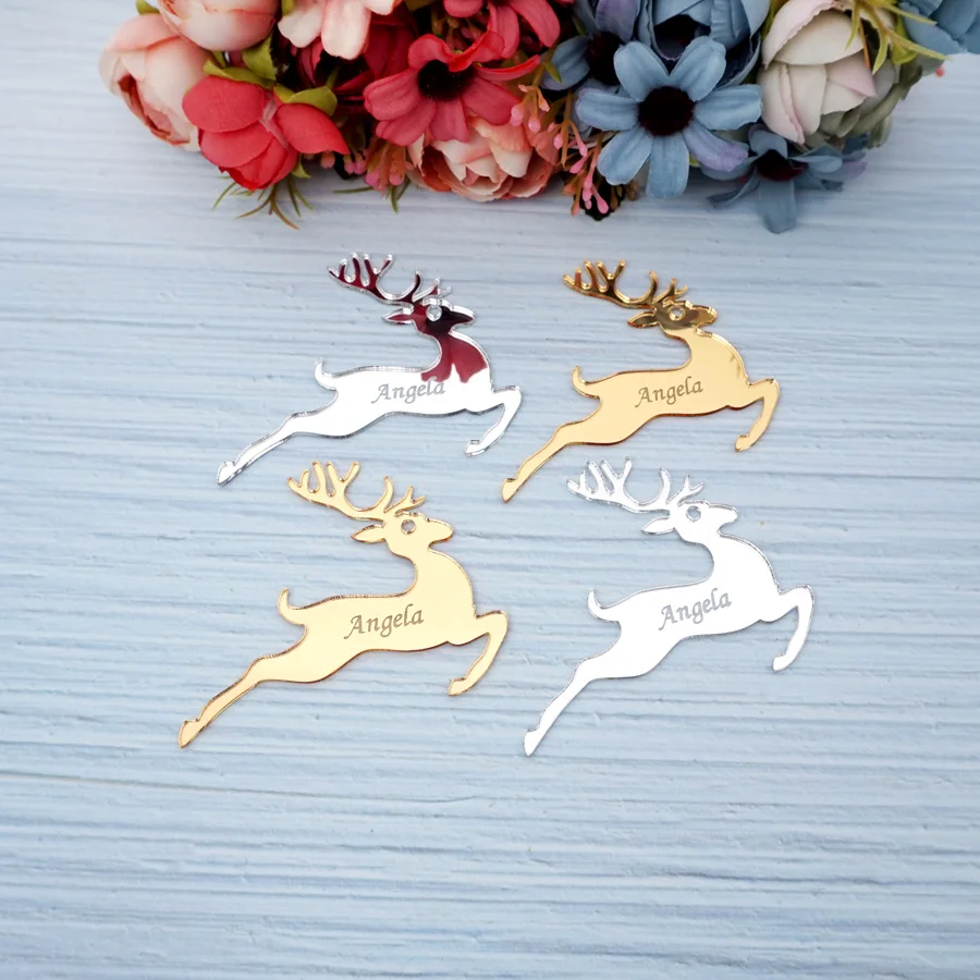 

7cm Personalized Acrylic Mirror Cute Deer Hanging Tags Custom Name Party Guest Gifts Decor Christmas Party Ornament