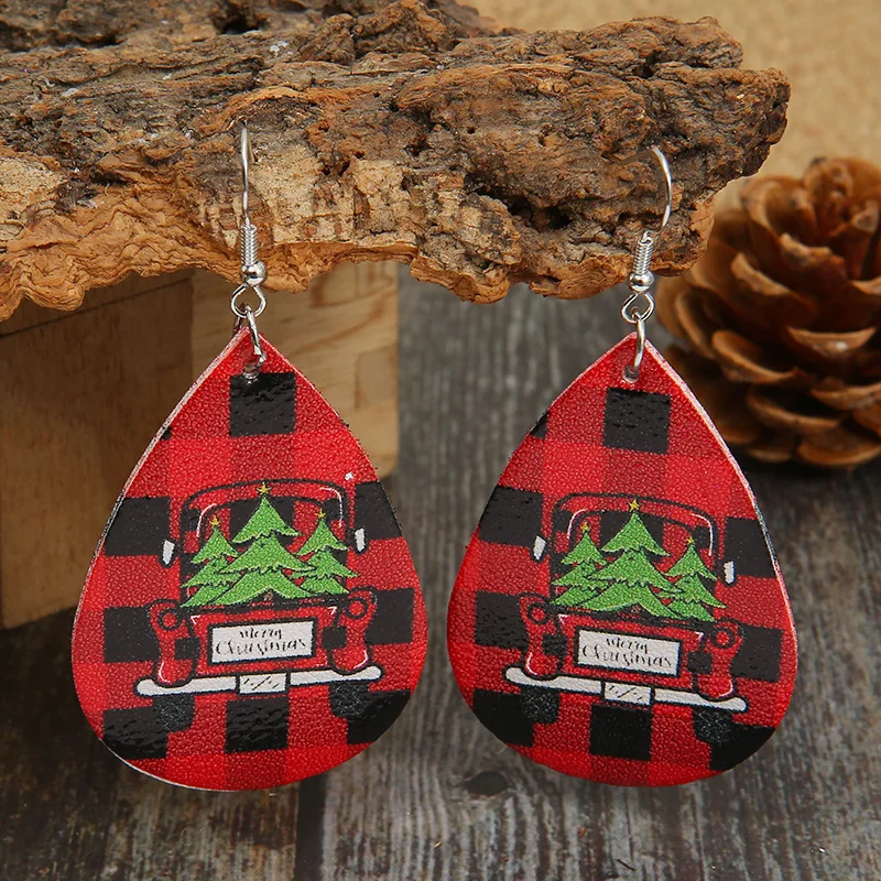 

European and American New Red Black Grid Car Christmas Tree Leather Earrings Pu Double-sided Letter Jewelry Wholesale