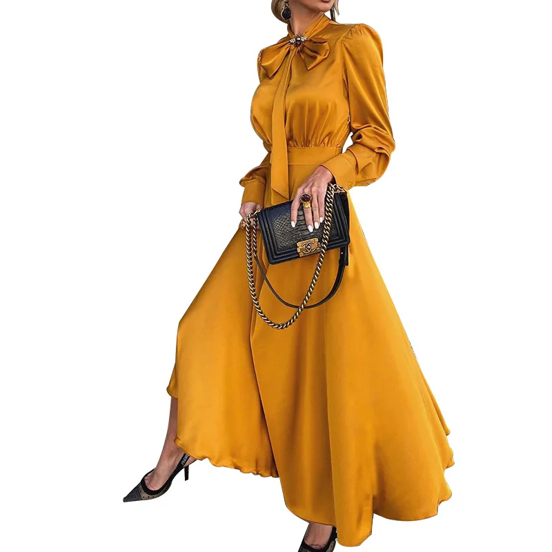 Elegant Solid Shirt Dress Women's Autumn Sundress 2021  Casual Long Sleeve Maxi Vestidos Female Bow Robe M6166