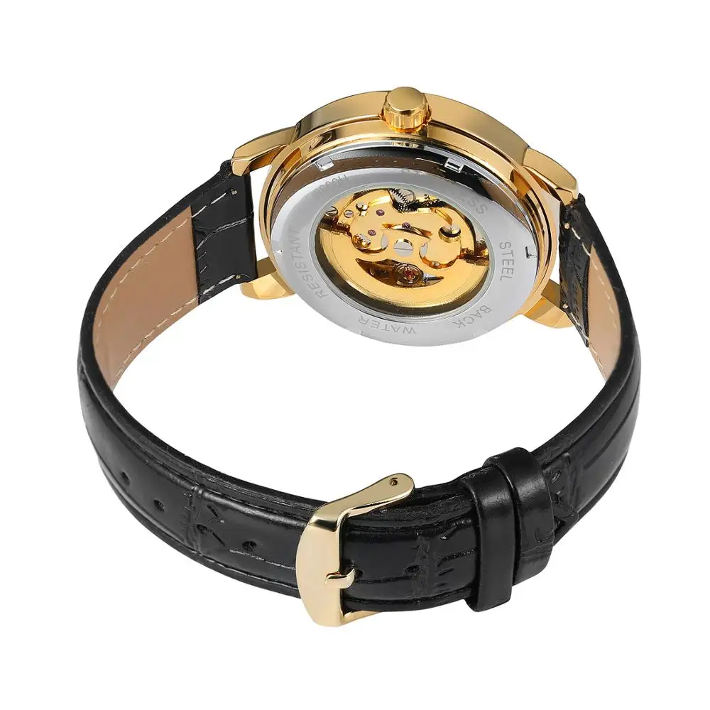 Montre de luxe mécanique automatique pour hommes, bracelet en cuir noir, cadran creux or, boîtier en or, T-WINNER