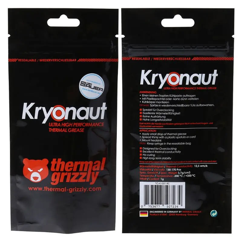 KRYONAUT – Thermique Grizzly – graisse ou pâte de refroidissement, 1g pour CPU AMD, processeur Intel, pour ventilateur, dissipateur de chaleur,