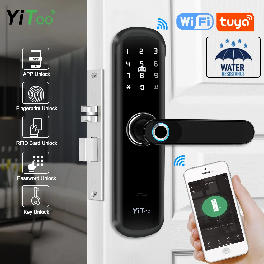 YiToo S3 WIFI Fingerprint Lock Waterproof Biometric Smart Door Lock With Tuya APP Remotely / Rfid Card / Password /Key Unlock