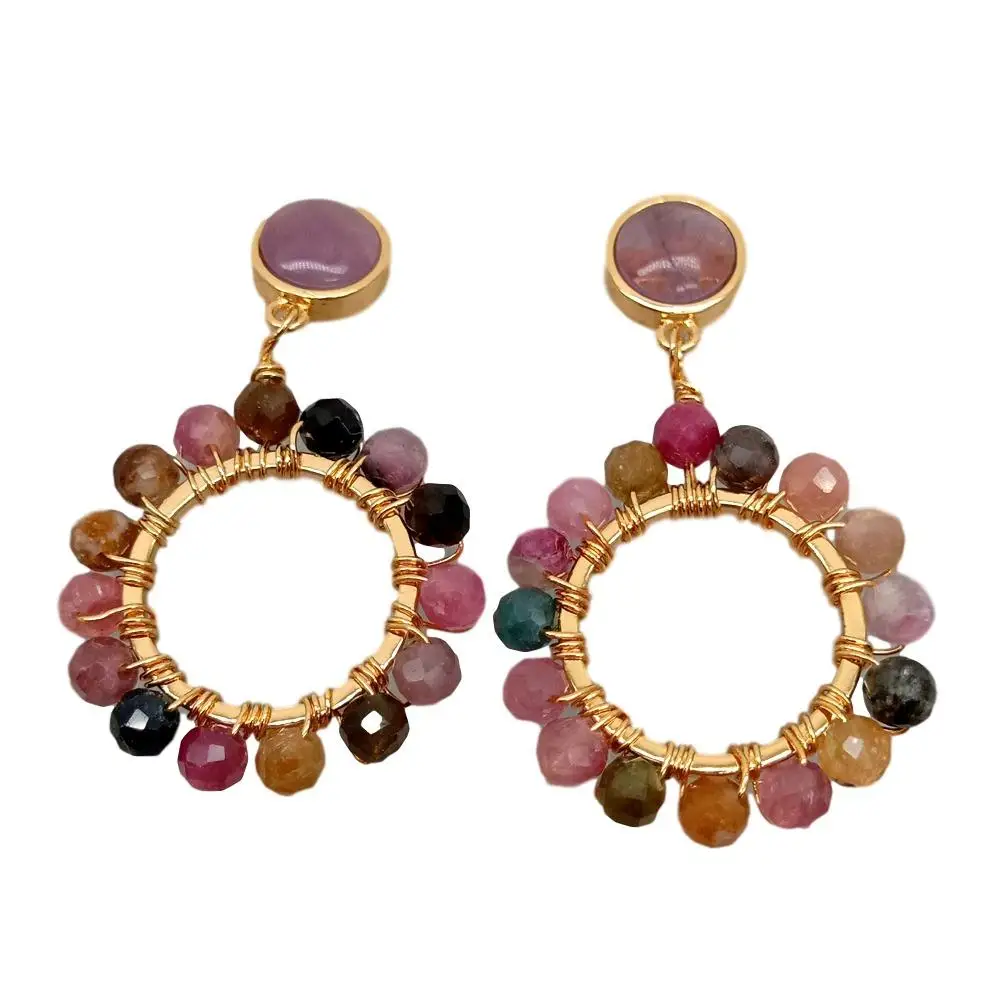 

Rainbow Tourmaline Gold Color Hoop Amethyst Stud Earrings Tiny Small Tourmaline