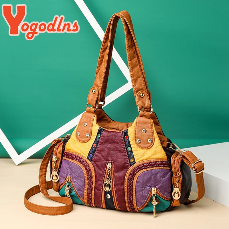 Yogodlns Vintage Soft PU Leather Shoulder Bag Women Large Capacity Handbag Fashion Crossbody Bag Stitching Color Handle Bag sac