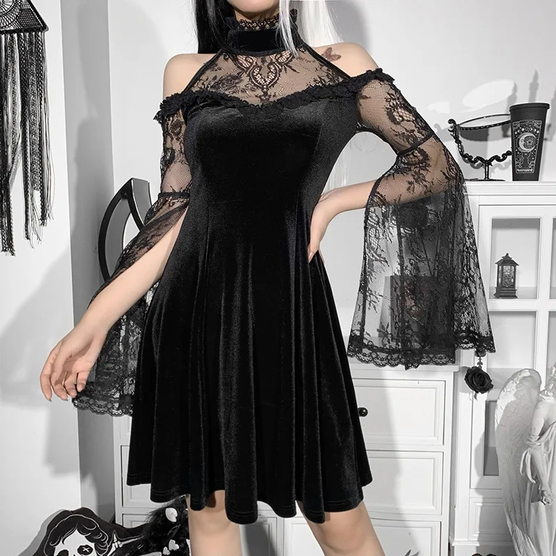 

2023 Gothic A-line Dress Women Off Shoulder Spring Summer Flared Sleeve Mini Lace Patchwork Sexy Party Dresses Female Clothing