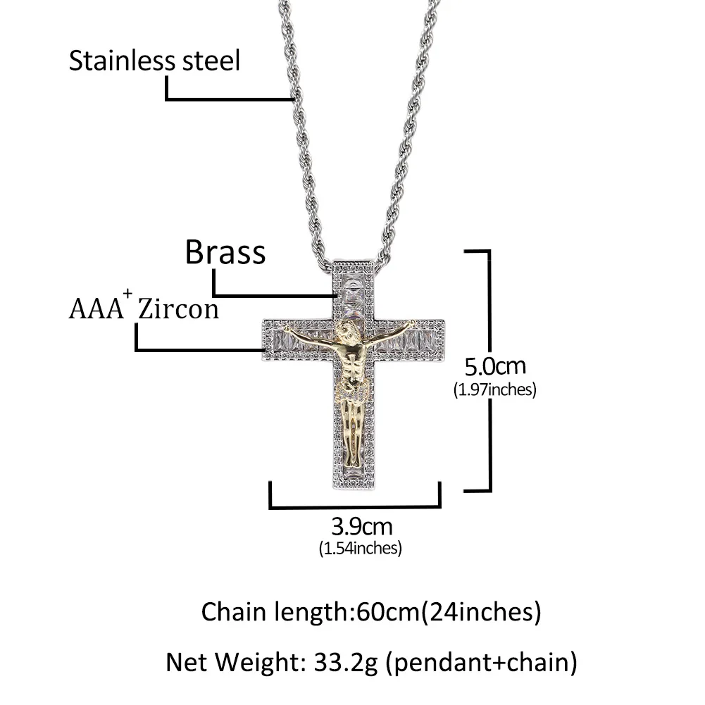 Jesus Cross Iced Out Bling Bling Double Color Pendant&Necklace Mirco Pave Prong Setting for Men Hip Hop Jewelry BP046