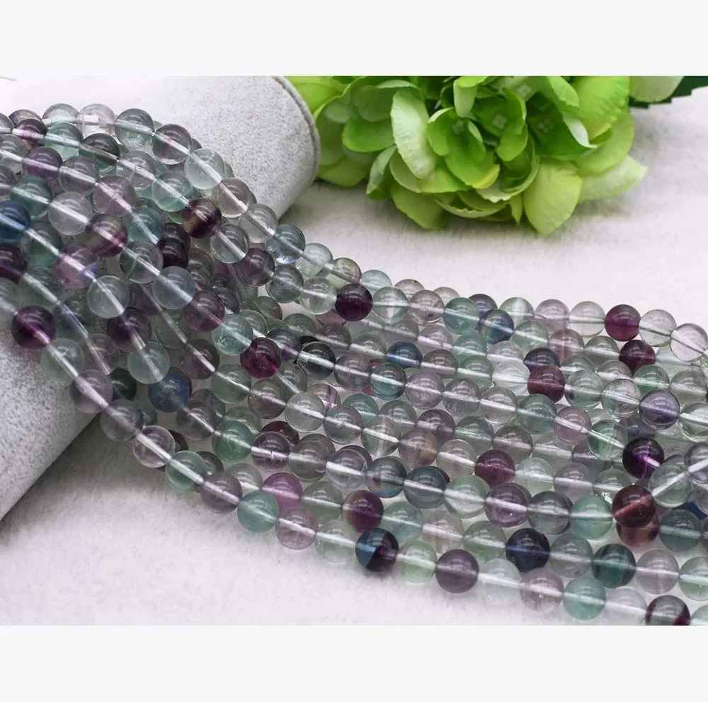 

2 strands 15.5" Natural A Multi Color Clear More Green Yellow Purple Fluorite Semi-precious Round Beads