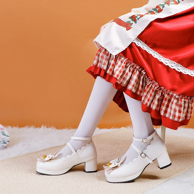 2021 Cute Rabbit-Shaped Lolita Women's Shoes Round Head Mid-Heel Bow Golden Bells Sweet Pumps Ruffled Violet Student Shoes 43