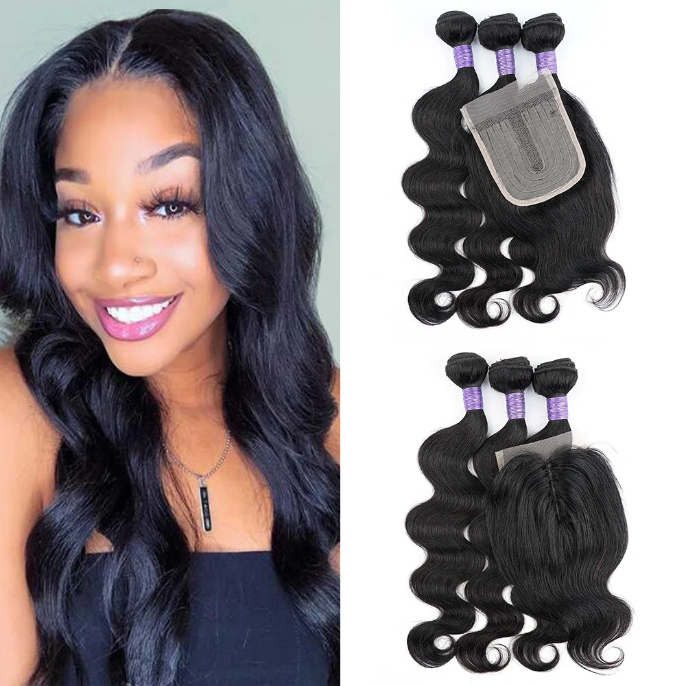 Hair bundles with T part closure 200g/set body wave Indian human hair extension natural color 4*4 closure with T part lace