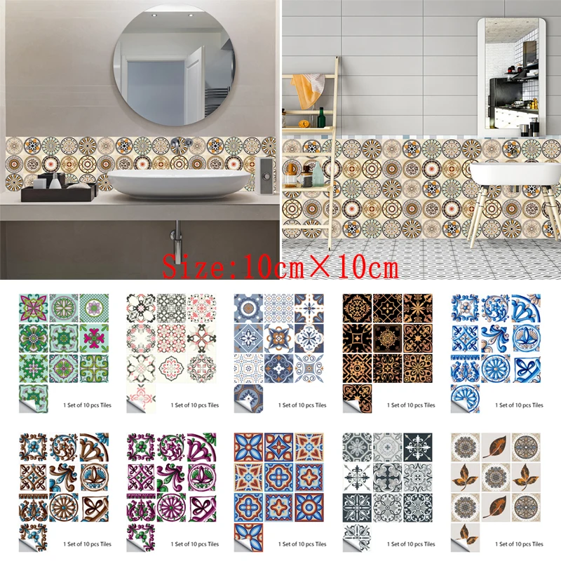 10pcs/set 10X10cm PVC Retro Abstract Print Tiles Sticker Waterproof Kitchen Bathroom Wall Sticker Art Mural Home Wall Decoration